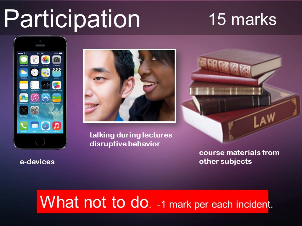 Participation 15 marks e-devices talking during lectures disruptive behavior course materials from other subjects What not to do.