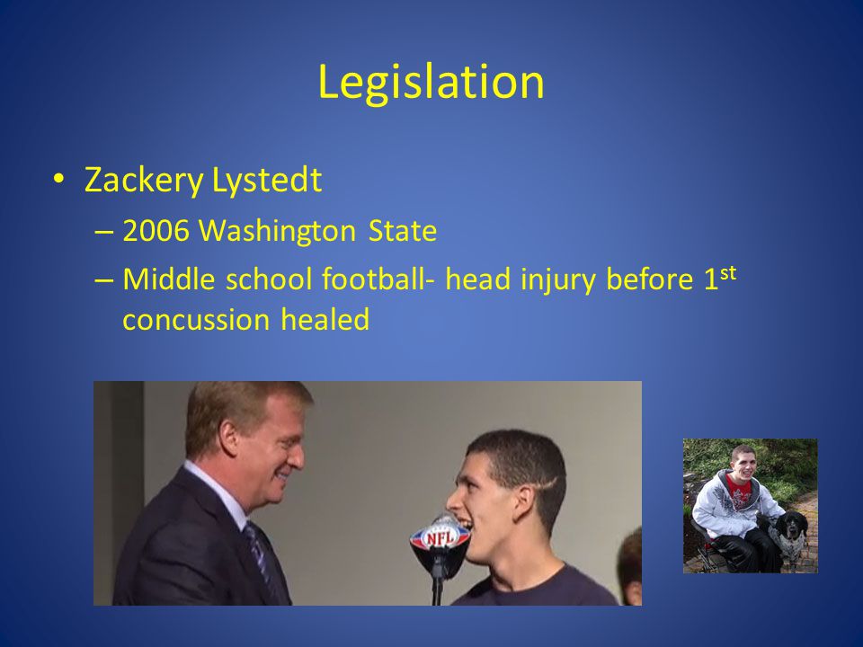 Legislation Zackery Lystedt – 2006 Washington State – Middle school football- head injury before 1 st concussion healed
