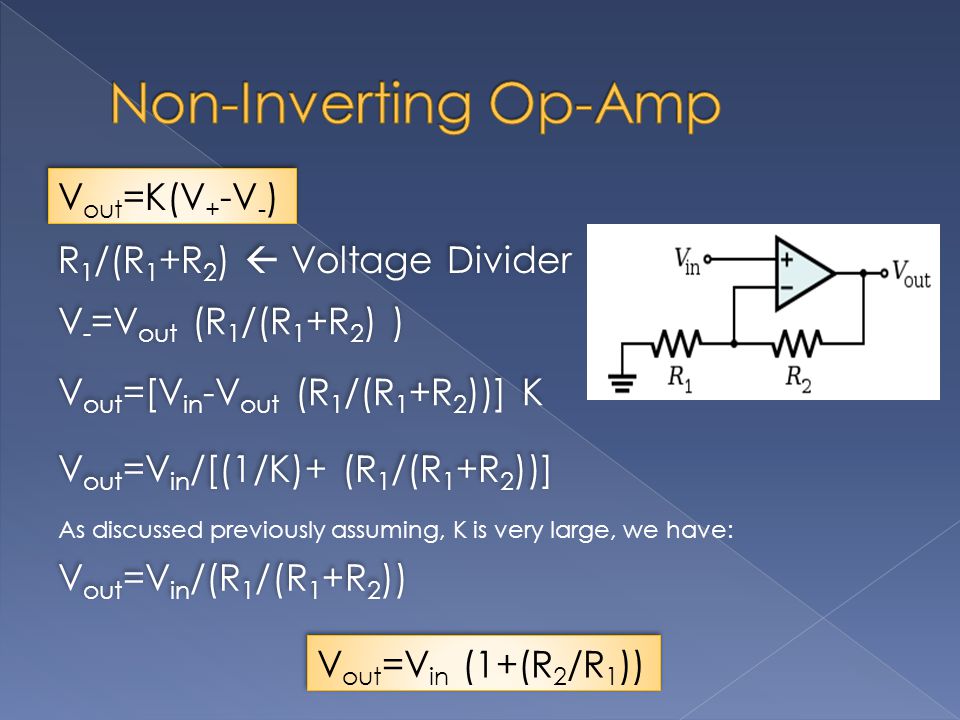 R 1 /(R 1 +R 2 )  Voltage Divider V - =V out (R 1 /(R 1 +R 2 ) ) V out =[V in -V out (R 1 /(R 1 +R 2 ))] K V out =V in /[(1/K)+ (R 1 /(R 1 +R 2 ))] As discussed previously assuming, K is very large, we have: V out =V in /(R 1 /(R 1 +R 2 )) V out =V in (1+(R 2 /R 1 )) V out =K(V + -V - )