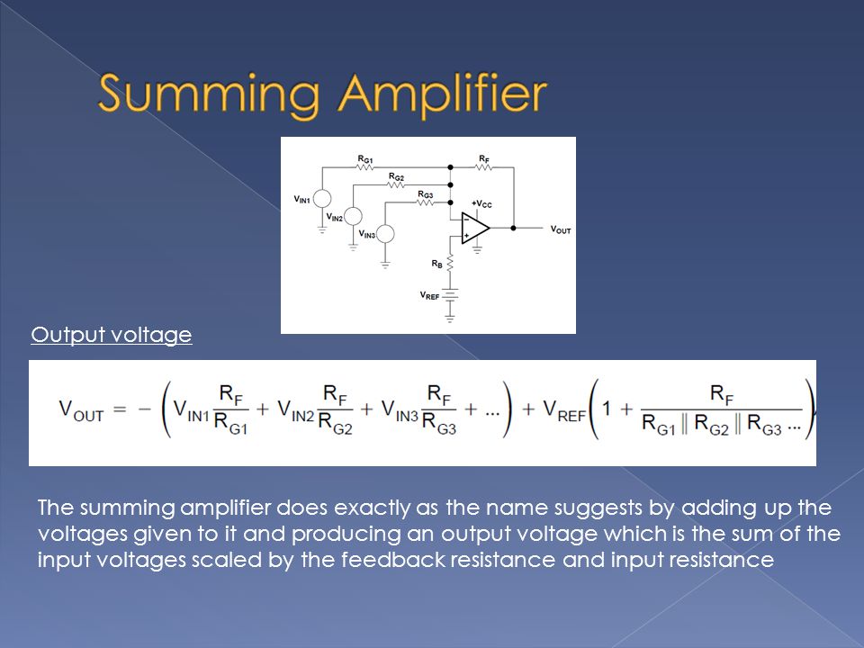 Output voltage The summing amplifier does exactly as the name suggests by adding up the voltages given to it and producing an output voltage which is the sum of the input voltages scaled by the feedback resistance and input resistance