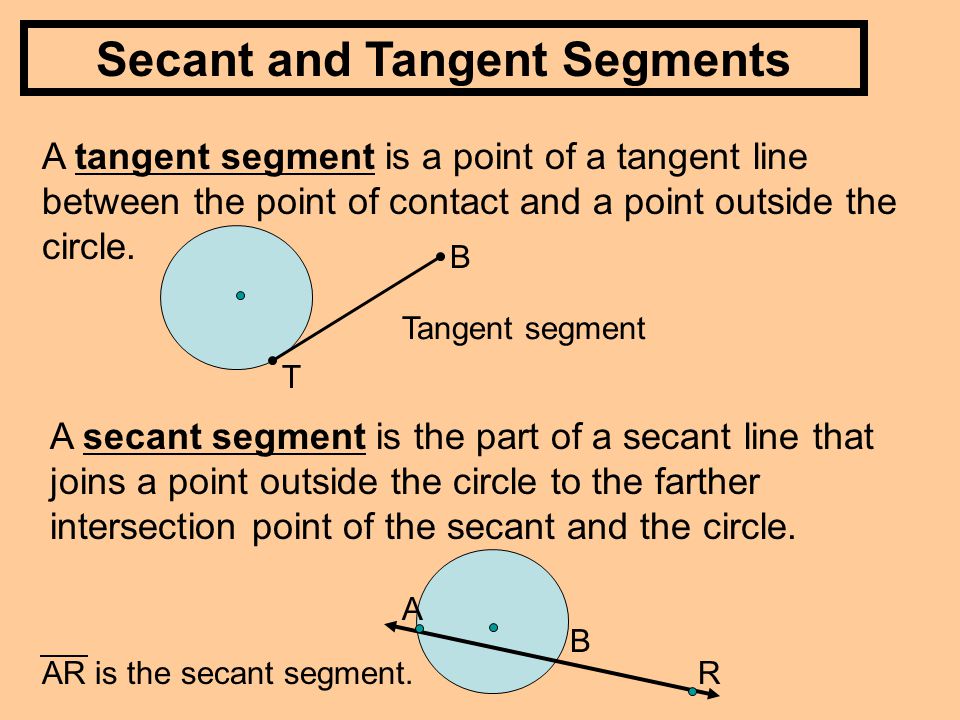 Secant and Tangent Segments A tangent segment is a point of a tangent line between the point of contact and a point outside the circle.