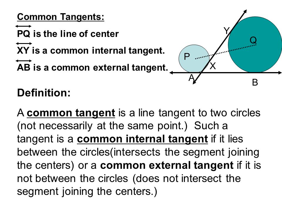 Common Tangents: PQ is the line of center XY is a common internal tangent.