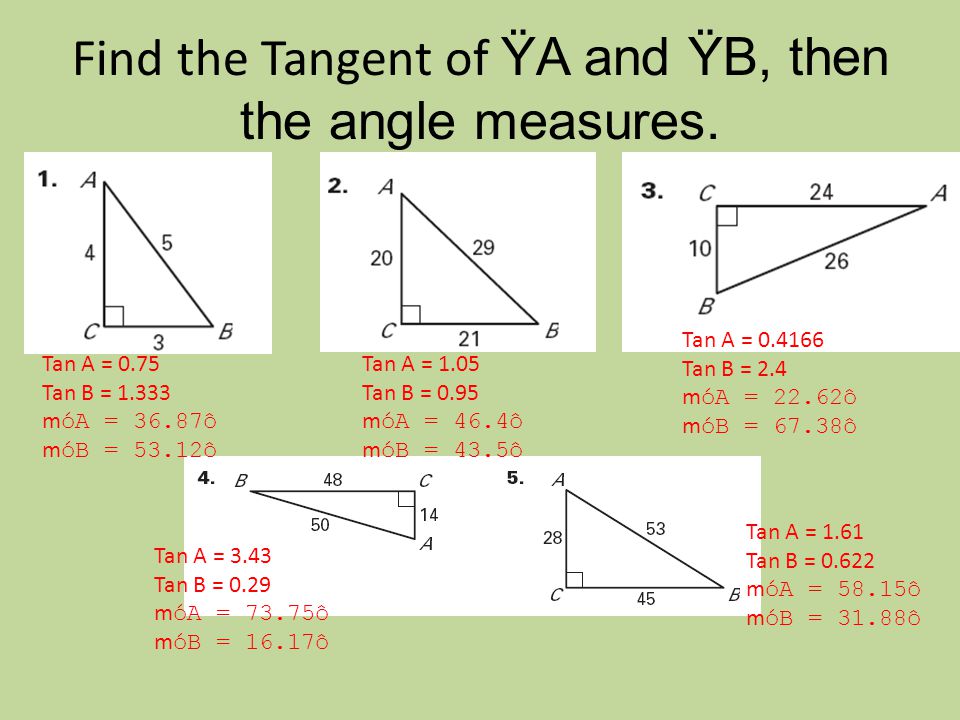 Find the Tangent of ŸA and ŸB, then the angle measures.