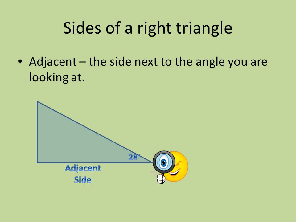 Sides of a right triangle Adjacent – the side next to the angle you are looking at.