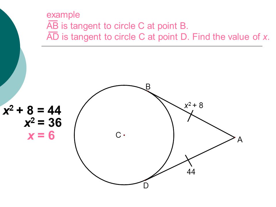 example AB is tangent to circle C at point B. AD is tangent to circle C at point D.