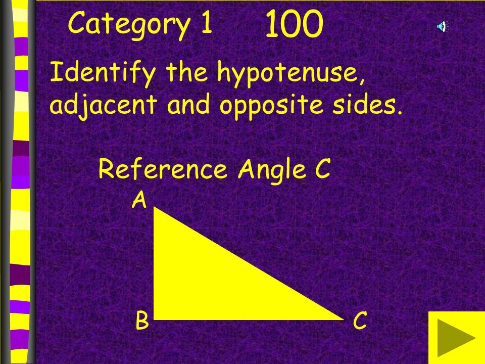 Category Identify the hypotenuse, adjacent and opposite sides. Reference Angle C A BC