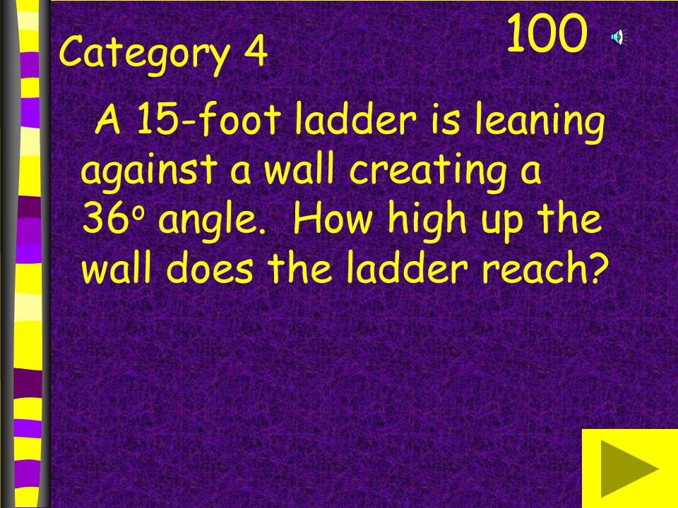 Category A 15-foot ladder is leaning against a wall creating a 36 o angle.