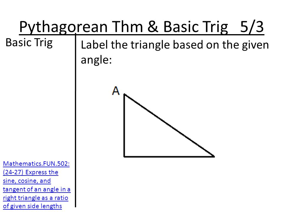 Pythagorean Thm & Basic Trig 5/3 Basic Trig Label the triangle based on the given angle: Mathematics.FUN.502: (24-27) Express the sine, cosine, and tangent of an angle in a right triangle as a ratio of given side lengths