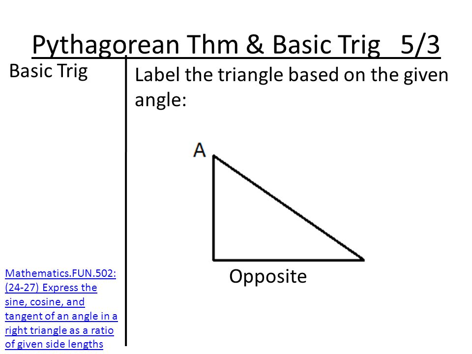 Pythagorean Thm & Basic Trig 5/3 Basic Trig Label the triangle based on the given angle: Opposite Mathematics.FUN.502: (24-27) Express the sine, cosine, and tangent of an angle in a right triangle as a ratio of given side lengths