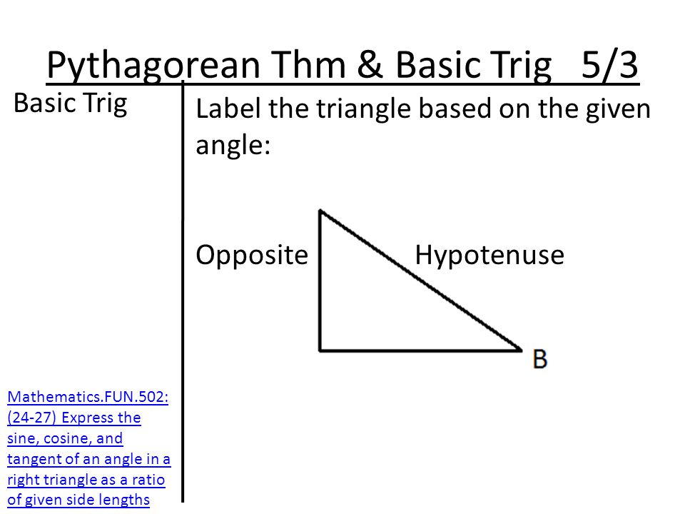 Pythagorean Thm & Basic Trig 5/3 Basic Trig Label the triangle based on the given angle: Opposite Hypotenuse Mathematics.FUN.502: (24-27) Express the sine, cosine, and tangent of an angle in a right triangle as a ratio of given side lengths