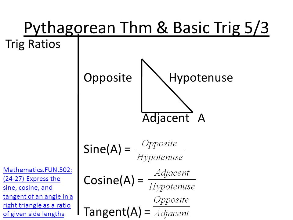 Pythagorean Thm & Basic Trig 5/3 Trig Ratios Opposite Hypotenuse Adjacent A Sine(A) = Cosine(A) = Tangent(A) = Mathematics.FUN.502: (24-27) Express the sine, cosine, and tangent of an angle in a right triangle as a ratio of given side lengths