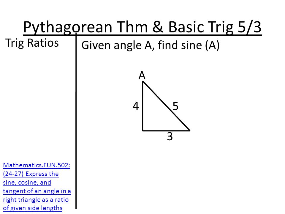 Pythagorean Thm & Basic Trig 5/3 Trig Ratios Given angle A, find sine (A) A Mathematics.FUN.502: (24-27) Express the sine, cosine, and tangent of an angle in a right triangle as a ratio of given side lengths