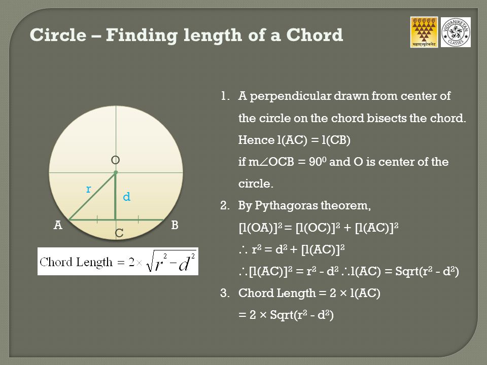 Circle – Finding length of a Chord r d 1.A perpendicular drawn from center of the circle on the chord bisects the chord.