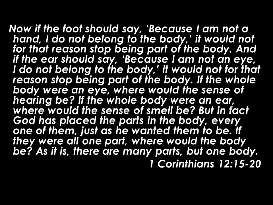 Now if the foot should say, ‘Because I am not a hand, I do not belong to the body,’ it would not for that reason stop being part of the body.