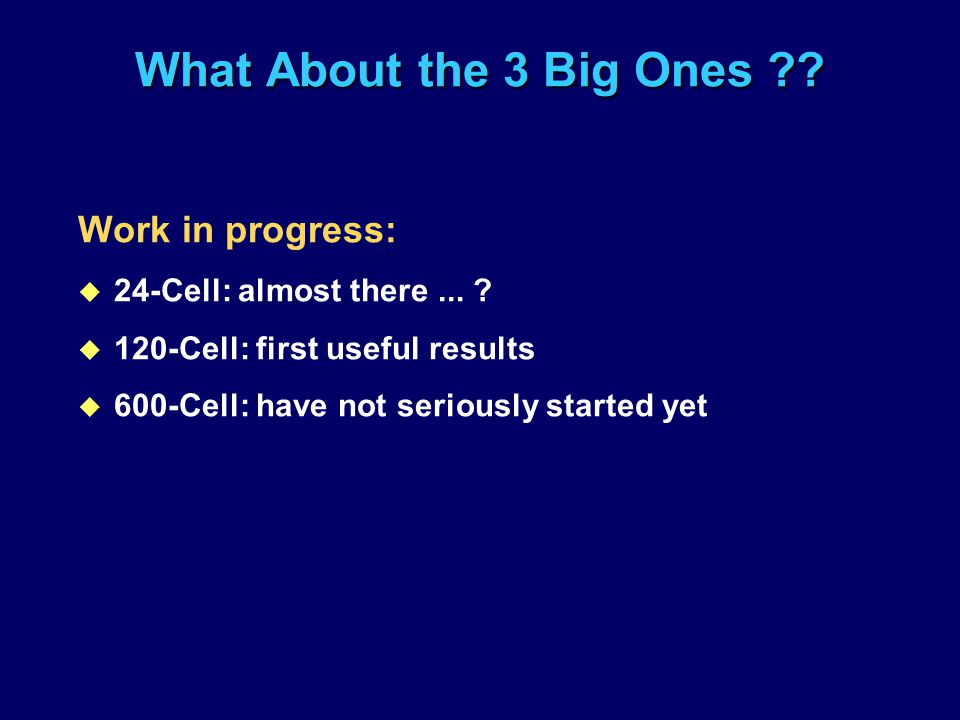 What About the 3 Big Ones . Work in progress: u 24-Cell: almost there...