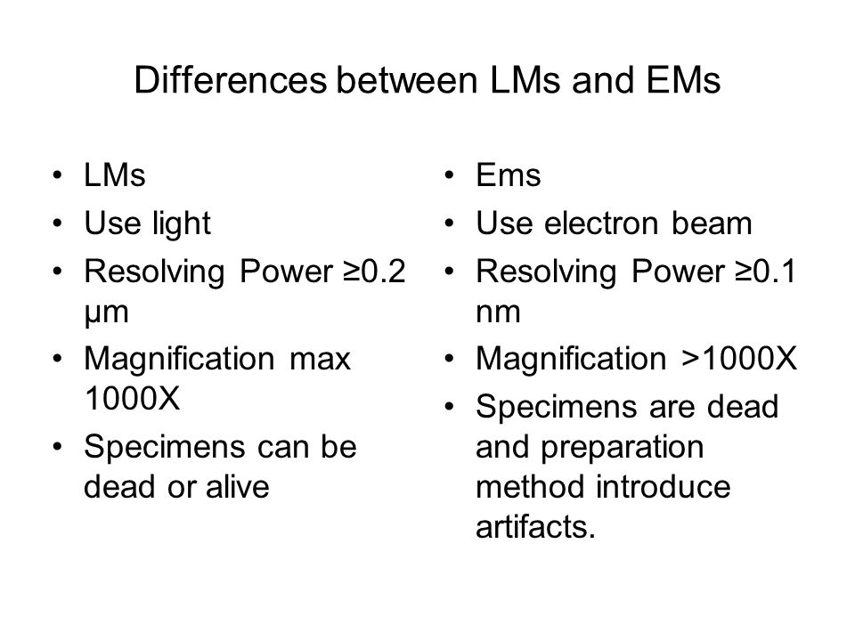 Differences between LMs and EMs LMs Use light Resolving Power ≥0.2 µm Magnification max 1000X Specimens can be dead or alive Ems Use electron beam Resolving Power ≥0.1 nm Magnification >1000X Specimens are dead and preparation method introduce artifacts.