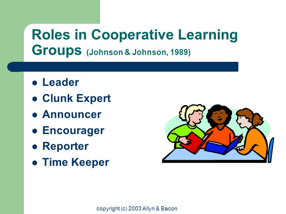 copyright (c) 2003 Allyn & Bacon Roles in Cooperative Learning Groups (Johnson & Johnson, 1989) Leader Clunk Expert Announcer Encourager Reporter Time Keeper