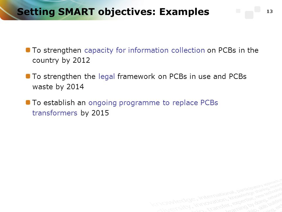 To strengthen capacity for information collection on PCBs in the country by 2012 To strengthen the legal framework on PCBs in use and PCBs waste by 2014 To establish an ongoing programme to replace PCBs transformers by Setting SMART objectives: Examples