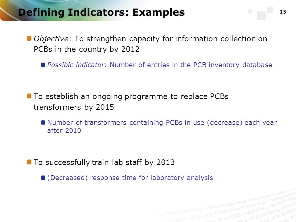 Defining Indicators: Examples Objective: To strengthen capacity for information collection on PCBs in the country by 2012 Possible indicator: Number of entries in the PCB inventory database To establish an ongoing programme to replace PCBs transformers by 2015 Number of transformers containing PCBs in use (decrease) each year after 2010 To successfully train lab staff by 2013 (Decreased) response time for laboratory analysis 15