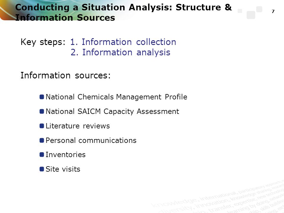 Conducting a Situation Analysis: Structure & Information Sources Key steps: 1.