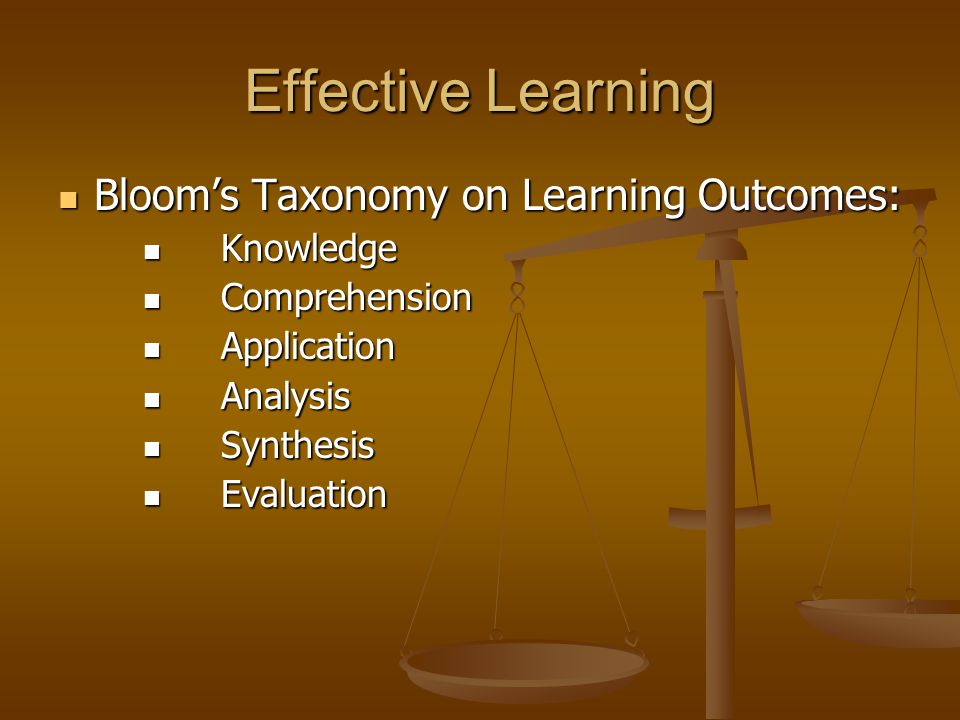 Effective Learning Bloom’s Taxonomy on Learning Outcomes: Bloom’s Taxonomy on Learning Outcomes: Knowledge Knowledge Comprehension Comprehension Application Application Analysis Analysis Synthesis Synthesis Evaluation Evaluation