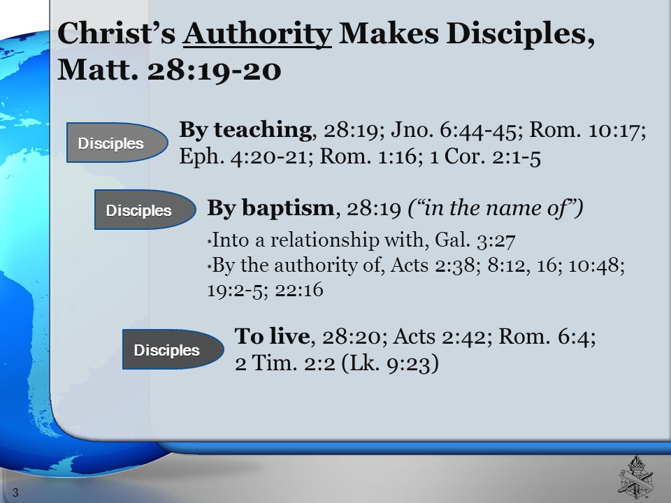 Christ’s Authority Makes Disciples, Matt. 28:19-20 By teaching, 28:19; Jno.
