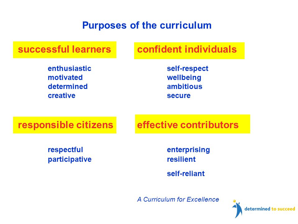 Purposes of the curriculum successful learnersconfident individuals enthusiasticself-respect motivatedwellbeing determinedambitious creativesecure responsible citizenseffective contributors respectfulenterprising participativeresilient self-reliant A Curriculum for Excellence