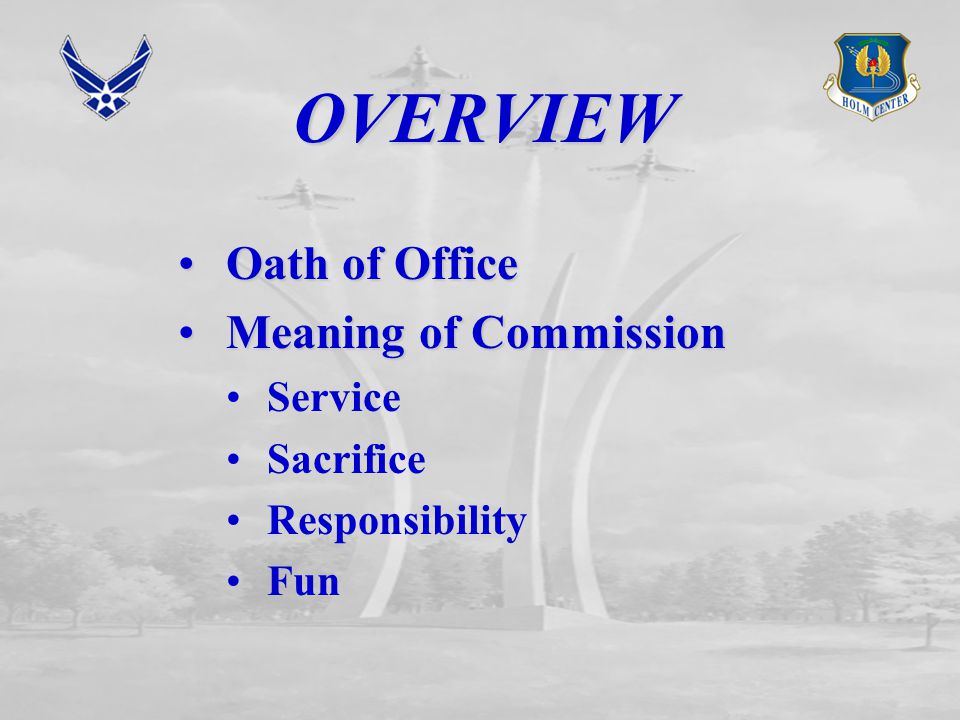 OVERVIEW Oath of Office Oath of Office Meaning of Commission Meaning of Commission Service Sacrifice Responsibility Fun
