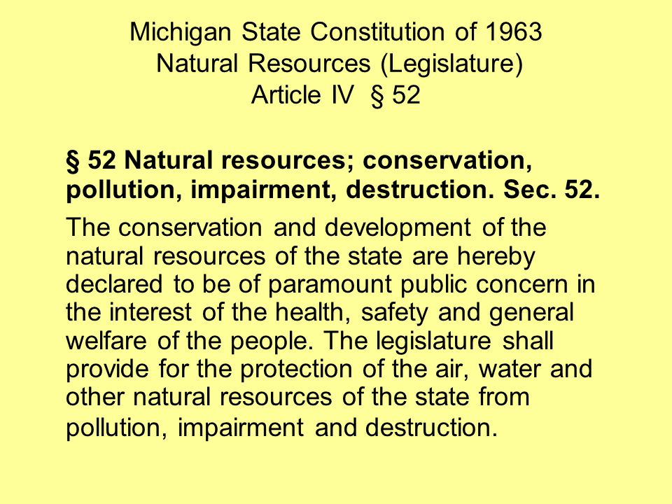 Michigan State Constitution of 1963 Natural Resources (Legislature) Article IV § 52 § 52 Natural resources; conservation, pollution, impairment, destruction.