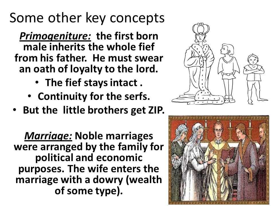 Some other key concepts Primogeniture: the first born male inherits the whole fief from his father.