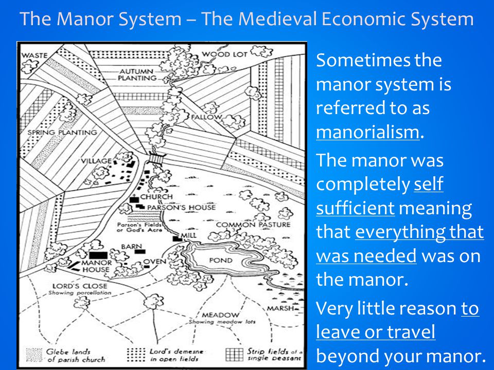 Sometimes the manor system is referred to as manorialism.