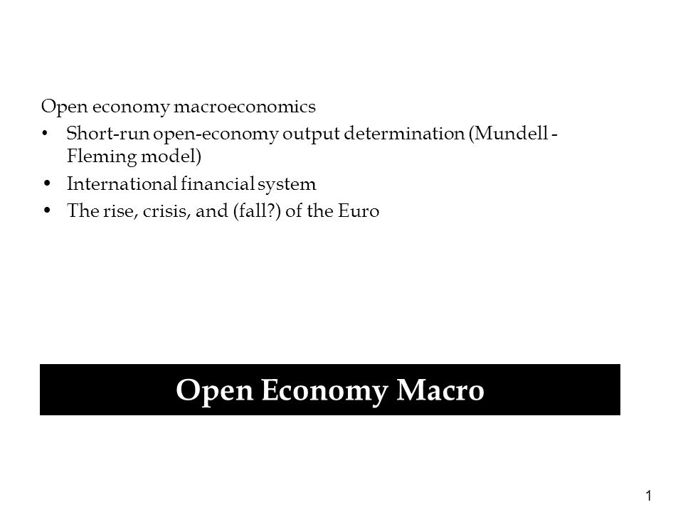 1 Open economy macroeconomics Short-run open-economy output determination (Mundell - Fleming model) International financial system The rise, crisis, and (fall ) of the Euro Open Economy Macro