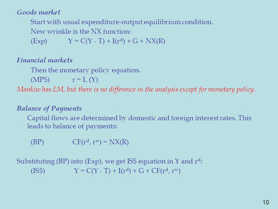 10 Goods market Start with usual expenditure-output equilibrium condition.