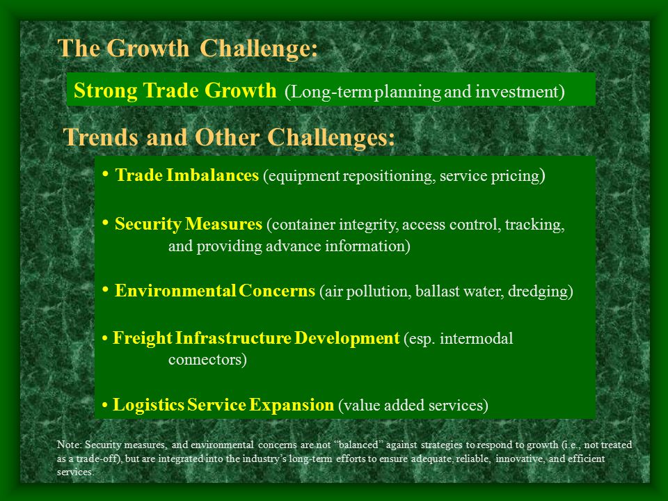The Growth Challenge: Strong Trade Growth (Long-term planning and investment) Trends and Other Challenges: Trade Imbalances (equipment repositioning, service pricing ) Security Measures (container integrity, access control, tracking, and providing advance information) Environmental Concerns (air pollution, ballast water, dredging) Freight Infrastructure Development (esp.