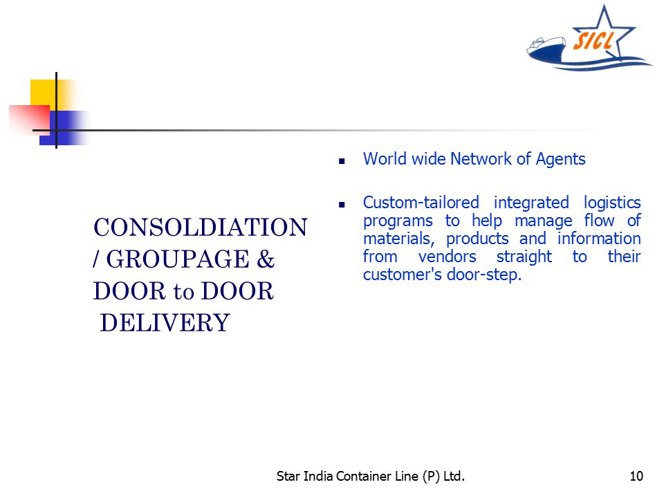 Star India Container Line (P) Ltd.10 CONSOLDIATION / GROUPAGE & DOOR to DOOR DELIVERY World wide Network of Agents Custom-tailored integrated logistics programs to help manage flow of materials, products and information from vendors straight to their customer s door-step.