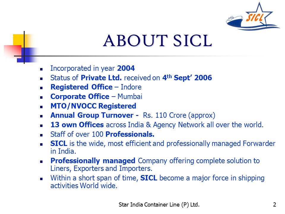Star India Container Line (P) Ltd.2 ABOUT SICL Incorporated in year 2004 Status of Private Ltd.
