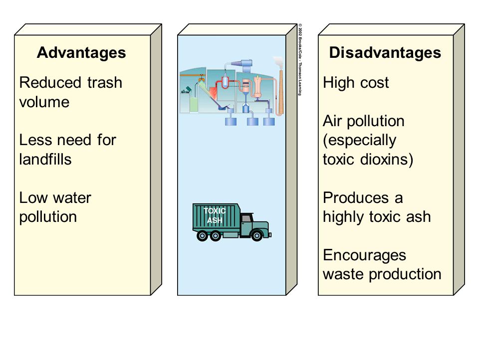 Advantages Reduced trash volume Less need for landfills Low water pollution Disadvantages High cost Air pollution (especially toxic dioxins) Produces a highly toxic ash Encourages waste production