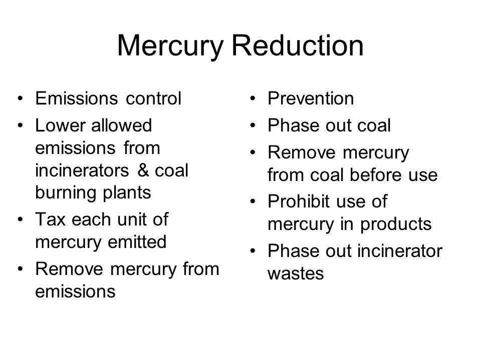 Mercury Reduction Emissions control Lower allowed emissions from incinerators & coal burning plants Tax each unit of mercury emitted Remove mercury from emissions Prevention Phase out coal Remove mercury from coal before use Prohibit use of mercury in products Phase out incinerator wastes