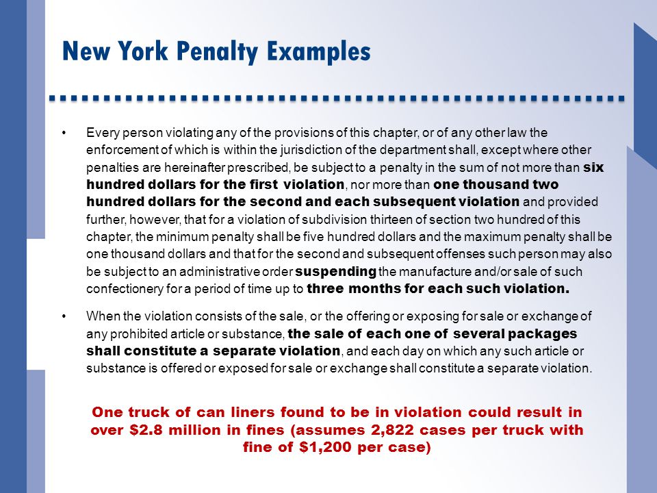 Every person violating any of the provisions of this chapter, or of any other law the enforcement of which is within the jurisdiction of the department shall, except where other penalties are hereinafter prescribed, be subject to a penalty in the sum of not more than six hundred dollars for the first violation, nor more than one thousand two hundred dollars for the second and each subsequent violation and provided further, however, that for a violation of subdivision thirteen of section two hundred of this chapter, the minimum penalty shall be five hundred dollars and the maximum penalty shall be one thousand dollars and that for the second and subsequent offenses such person may also be subject to an administrative order suspending the manufacture and/or sale of such confectionery for a period of time up to three months for each such violation.