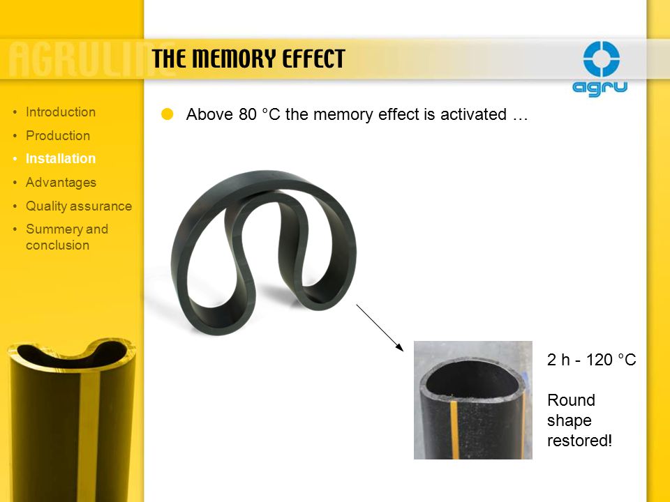 THE MEMORY EFFECT  Above 80 °C the memory effect is activated … 2 h °C Round shape restored.