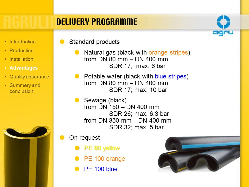 DELIVERY PROGRAMME  Standard products  Natural gas (black with orange stripes) from DN 80 mm – DN 400 mm SDR 17; max.
