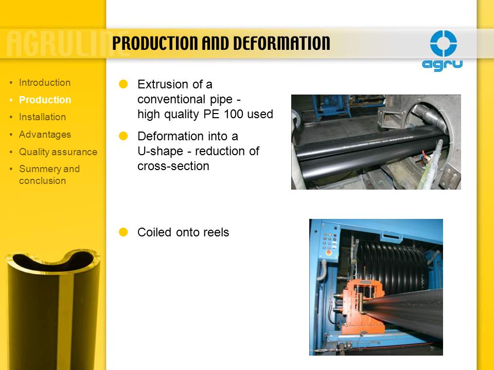 PRODUCTION AND DEFORMATION  Extrusion of a conventional pipe - high quality PE 100 used  Deformation into a U-shape - reduction of cross-section  Coiled onto reels Introduction Production Installation Advantages Quality assurance Summery and conclusion