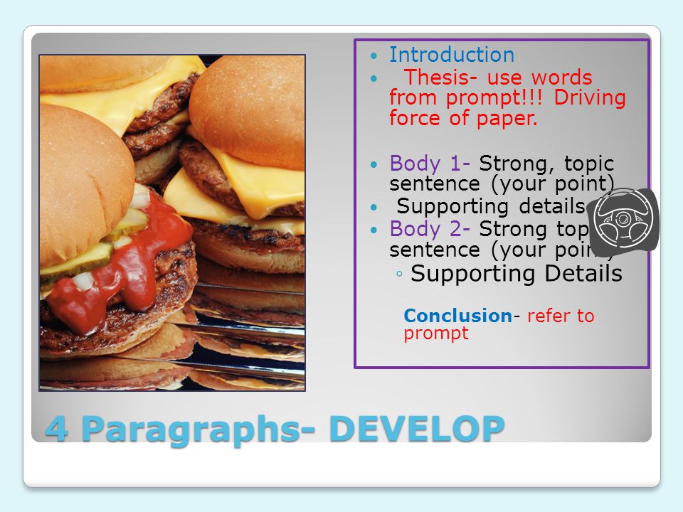 4 Paragraphs- DEVELOP Introduction Thesis- use words from prompt!!.