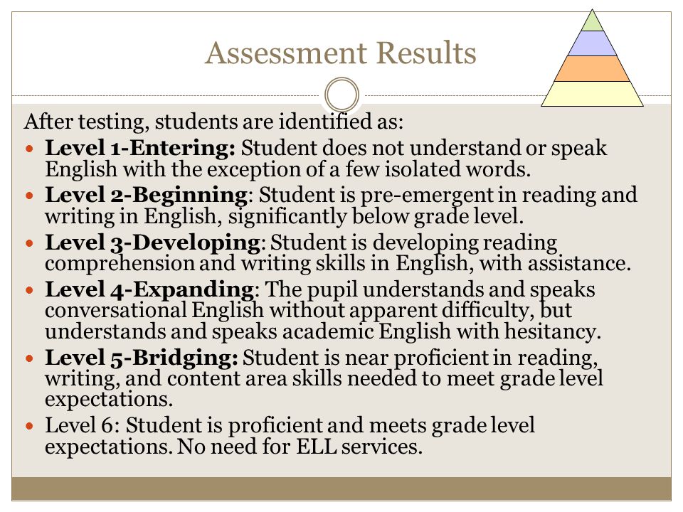 Assessment Results After testing, students are identified as: Level 1-Entering: Student does not understand or speak English with the exception of a few isolated words.