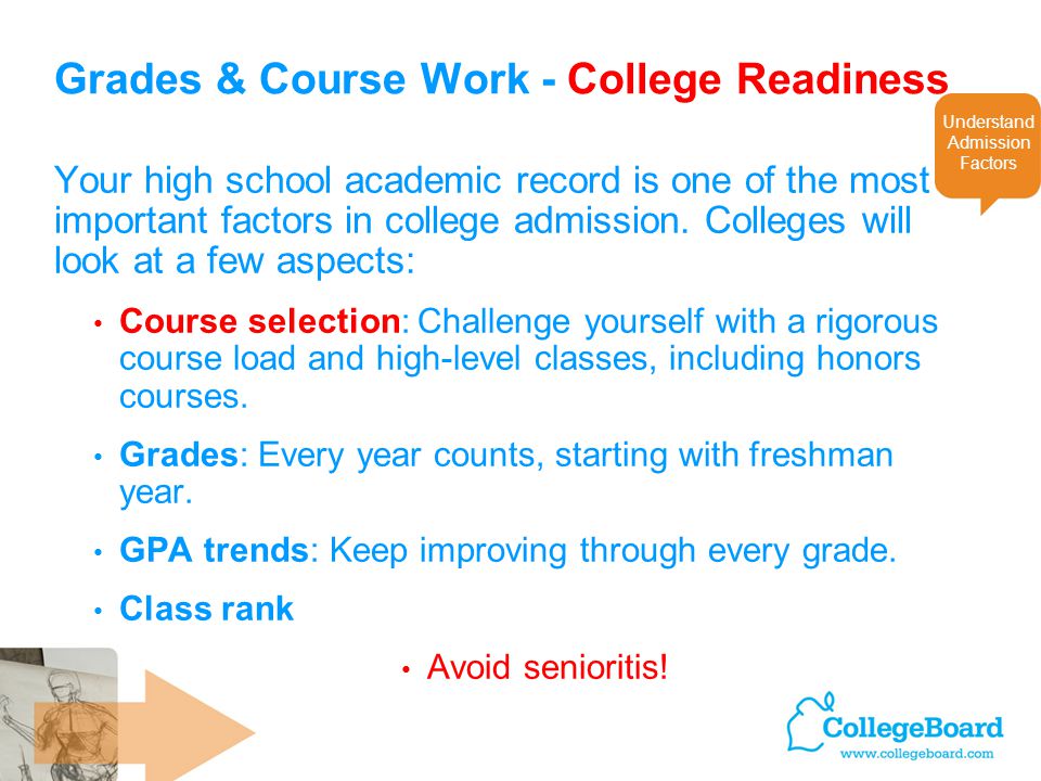 Grades & Course Work - College Readiness Your high school academic record is one of the most important factors in college admission.