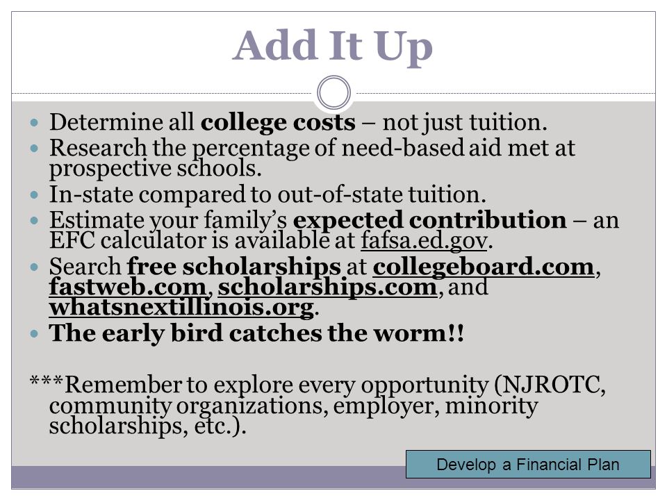 Add It Up Determine all college costs – not just tuition.