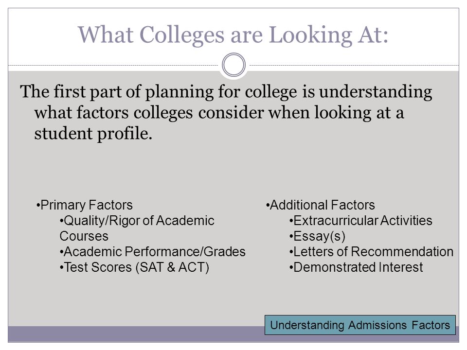 The first part of planning for college is understanding what factors colleges consider when looking at a student profile.