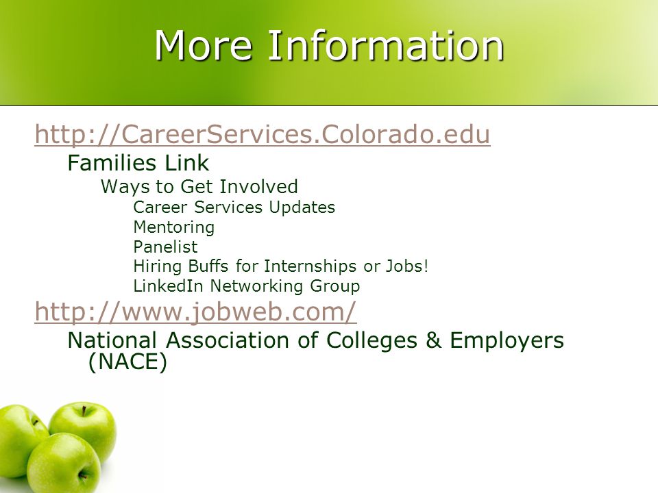 More Information   Families Link Ways to Get Involved Career Services Updates Mentoring Panelist Hiring Buffs for Internships or Jobs.