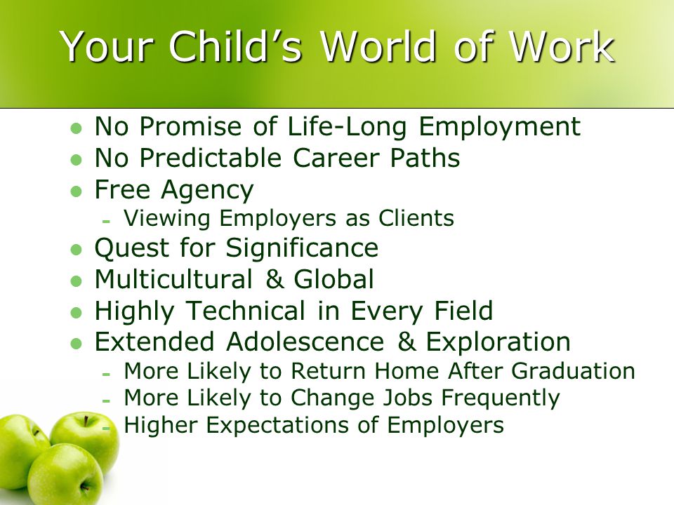 Your Child’s World of Work No Promise of Life-Long Employment No Predictable Career Paths Free Agency - Viewing Employers as Clients Quest for Significance Multicultural & Global Highly Technical in Every Field Extended Adolescence & Exploration - More Likely to Return Home After Graduation - More Likely to Change Jobs Frequently - Higher Expectations of Employers