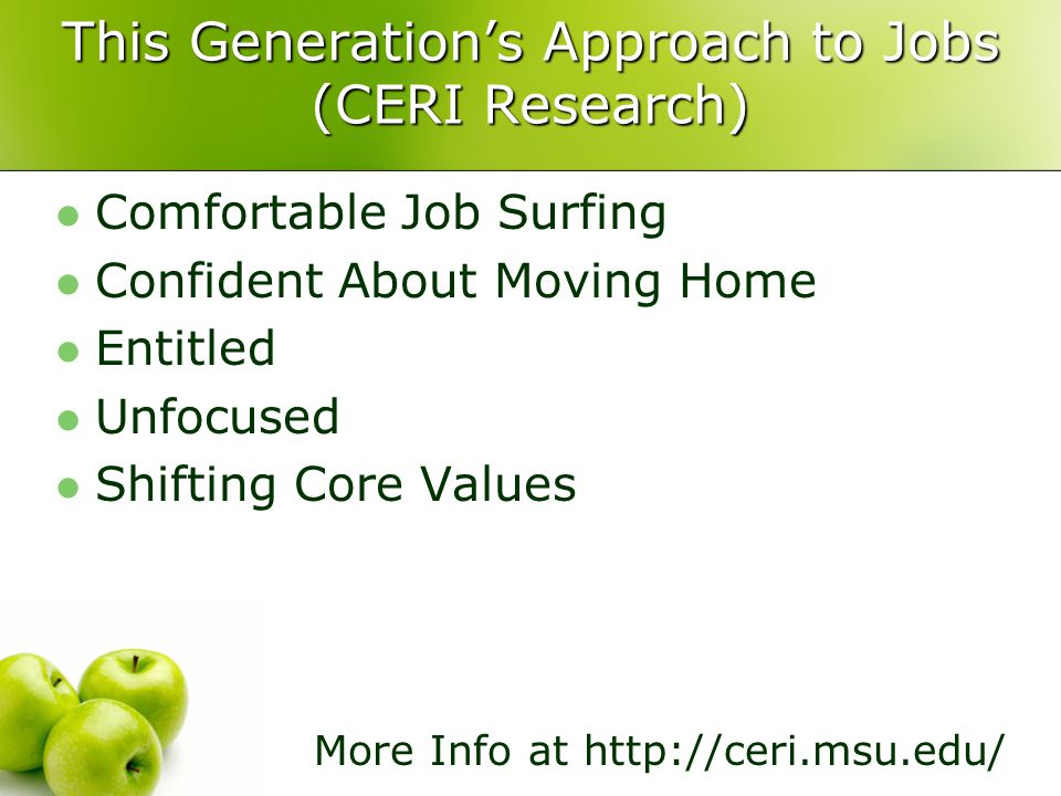 This Generation’s Approach to Jobs (CERI Research) Comfortable Job Surfing Confident About Moving Home Entitled Unfocused Shifting Core Values More Info at